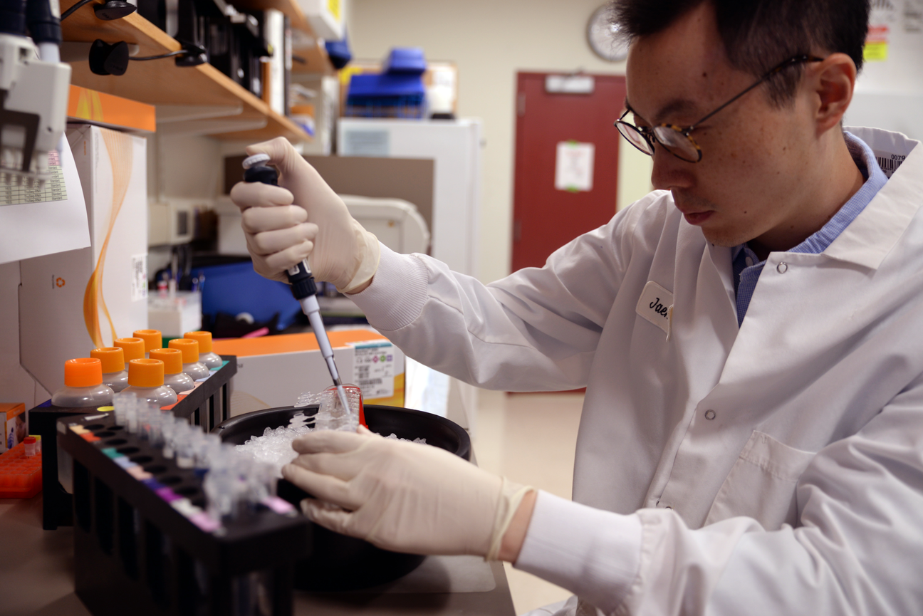 A researcher in lab coat and gloves uses a pipette next to other lab equipment