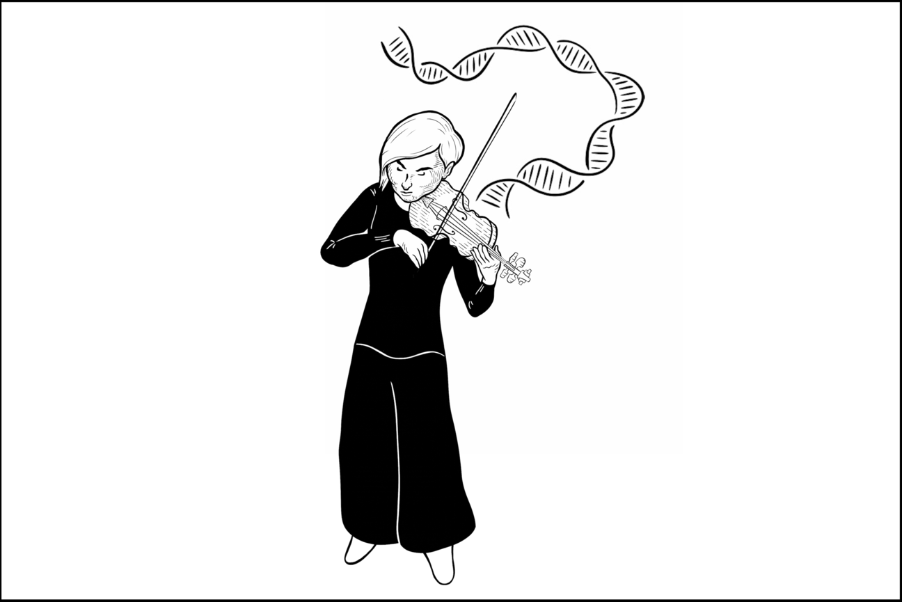 Illustration: woman playing violin and DNA is stringing from it like musical notes